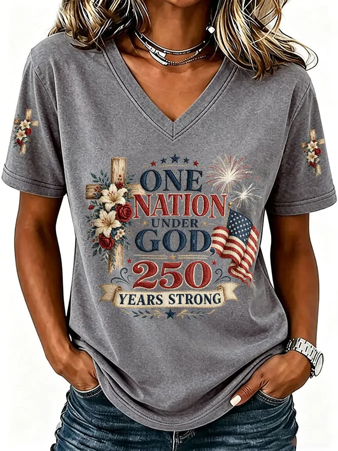 Women'S America Flag Print Casual V-Neck T-Shirt