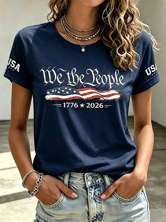 Embroidered Printed Round Neck Short Sleeved T-Shirt Commemorating The 250Th Anniversary Of The United States