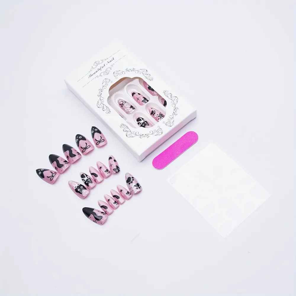 Nailhour 24Pcs Rhinestone Cat Print Pink Cat Eye Medium Almond Press On Nails