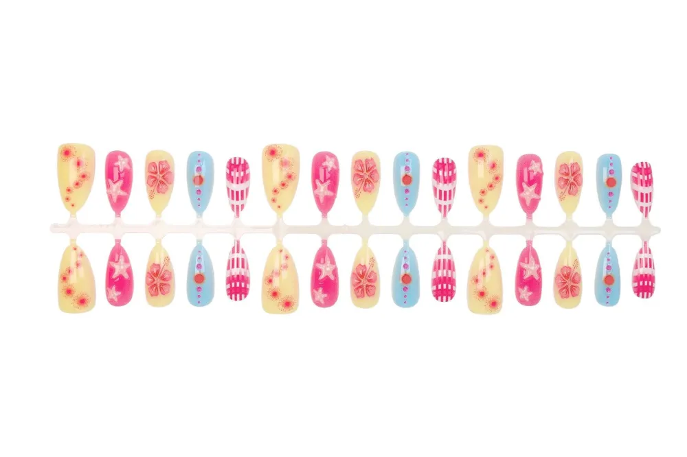 Nailhour 30Pcs Pink & Blue Color Block Medium Almond French Press On Nails