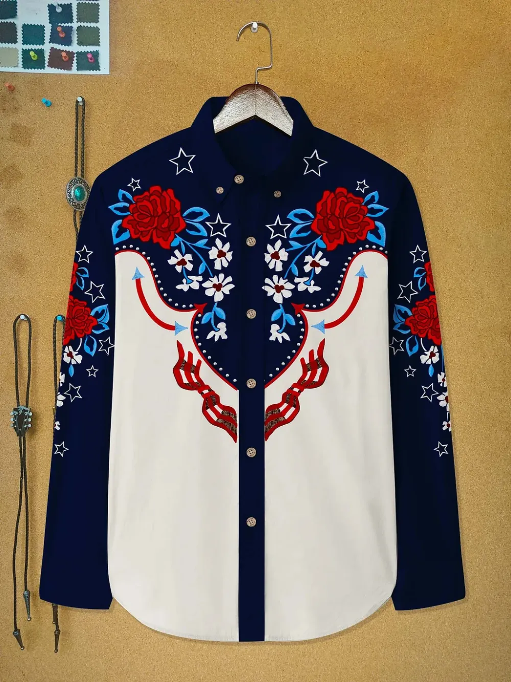 Western Flag And Flower - 100% Cotton Long Sleeves Shirt