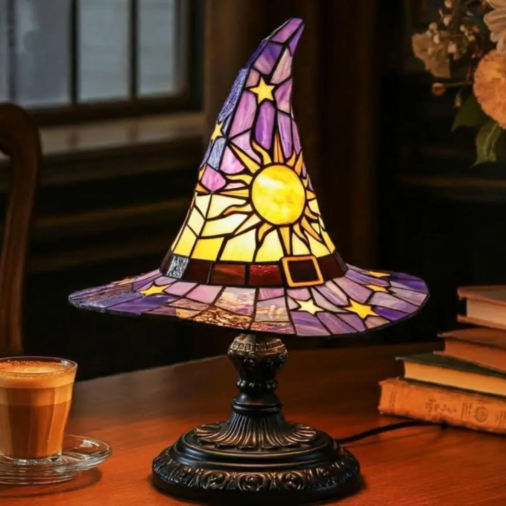 Halloween Witch Hat Lamps Resin Decorative USB Plug Light Ornament（11*8*18cm）