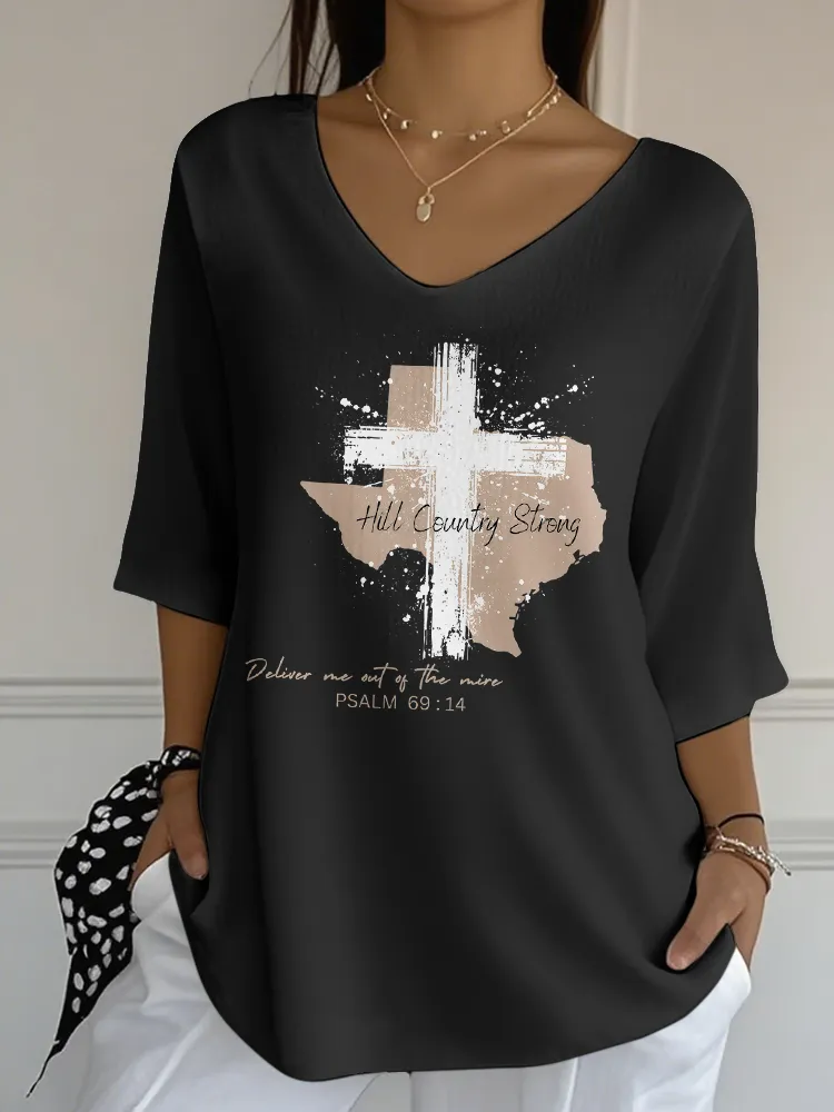 Ladies Casual Style HILL COUNTRY STRONG All-Match V-Neck Shirt