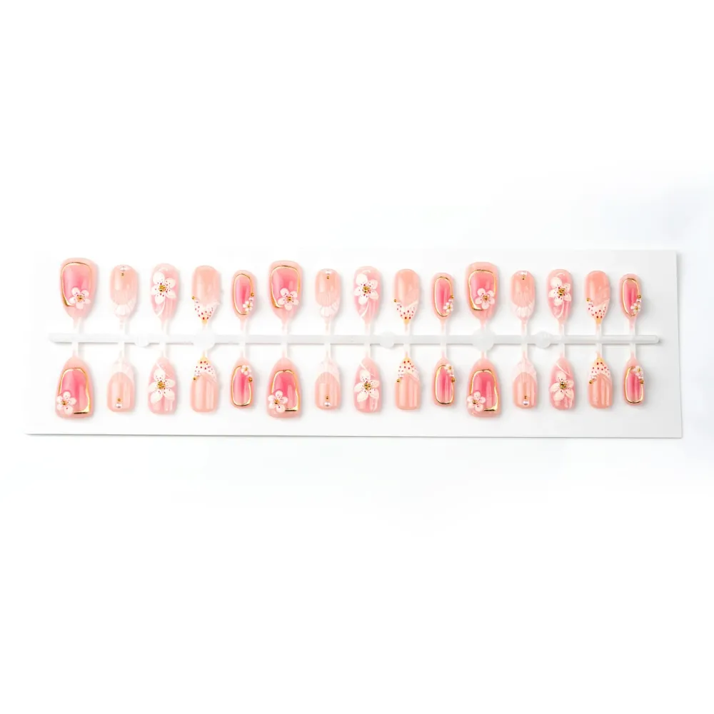 Nailhour 30Pcs Pink Cherry Blossom Medium Almond French Press On Nails