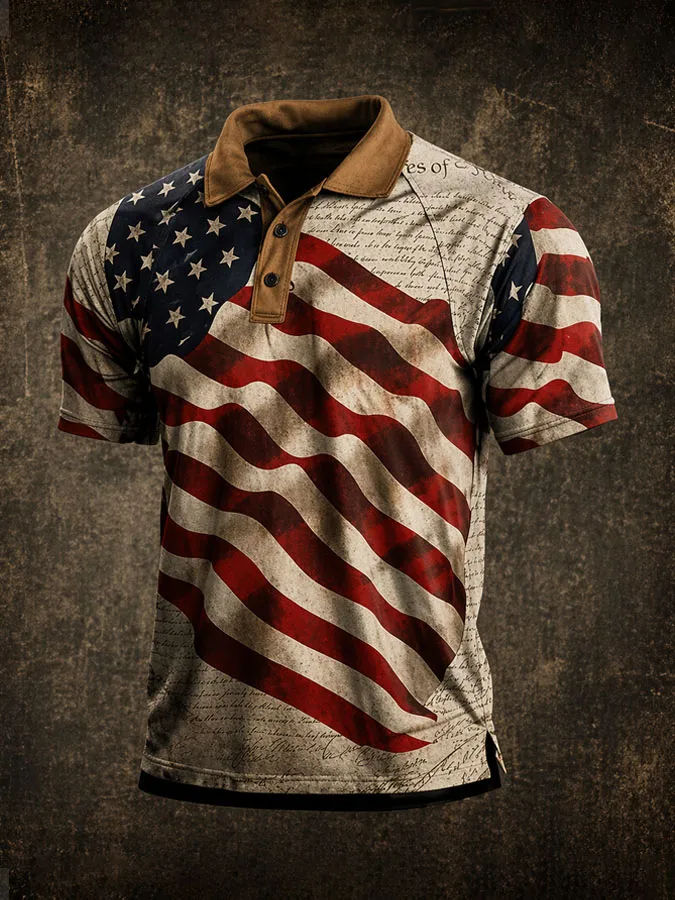 Men'S American Flag Print Casual Polo Shirt