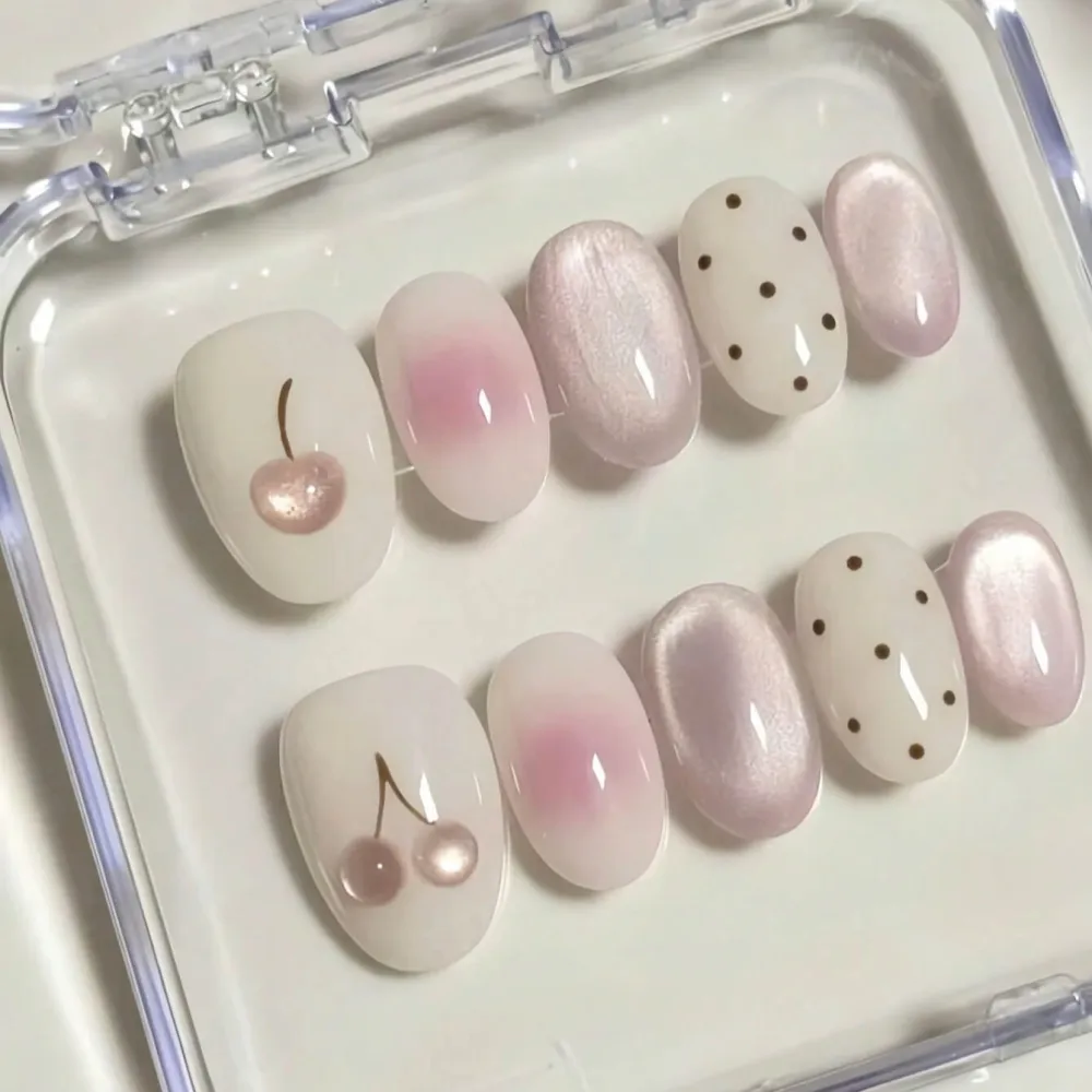 Nailhour 10Pcs Handmade Short Oval Pink Cat Eye Flower Press On Nails