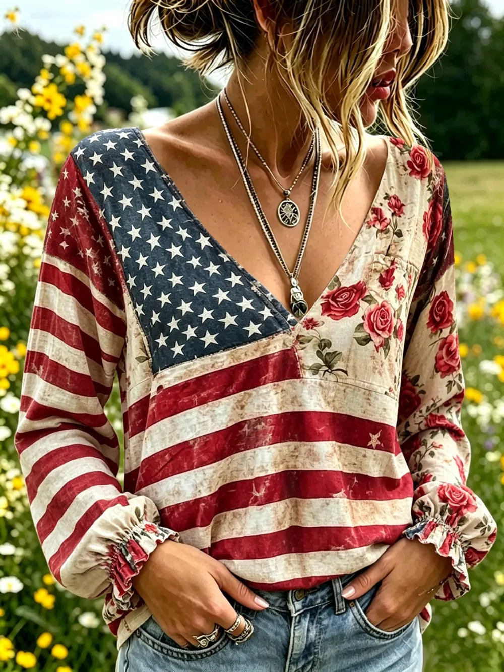 Women's 250th Anniversary Freedom Flower Art Print Casual V-Neck Top