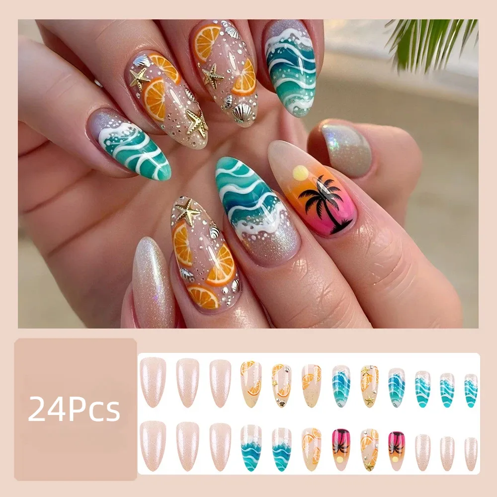 Nailhour Beach Medium Multicolor Holiday Summer 24 Pcs Almond Press On Nails