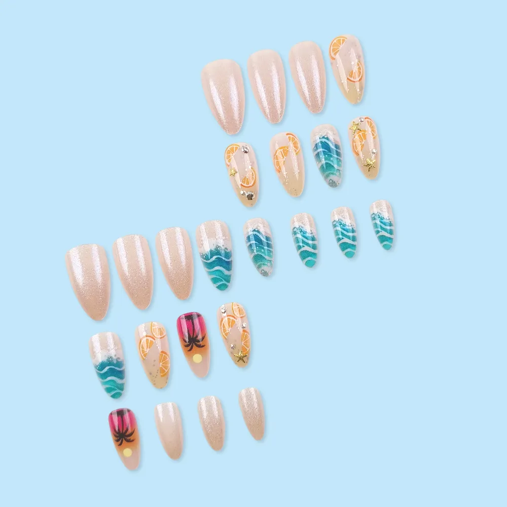 Nailhour Beach Medium Multicolor Holiday Summer 24 Pcs Almond Press On Nails