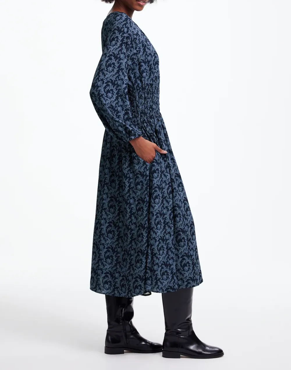Bubble-Sleeve Smocked Midi Dress In Floral