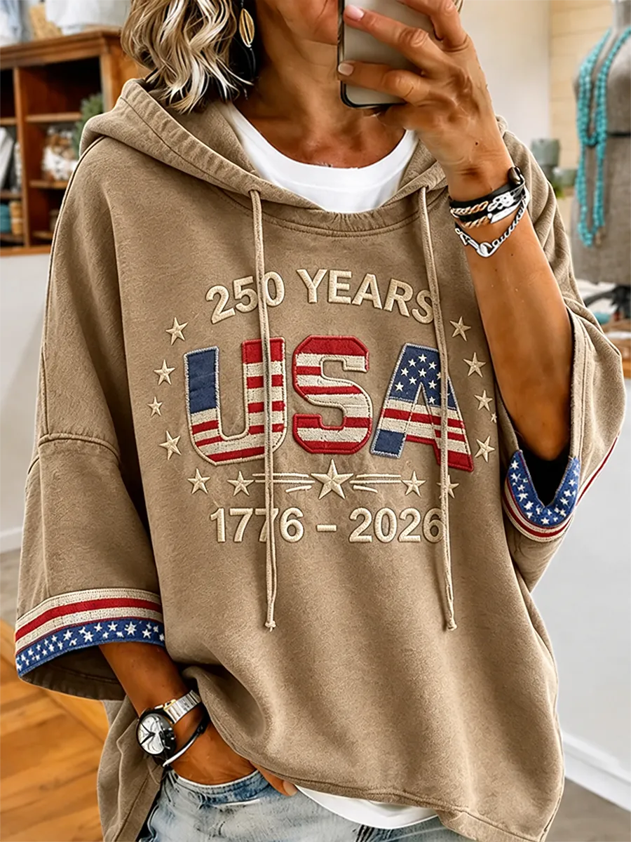 Women's USA 250th Anniversary 1776-2026 Embroidered Washed Hoodie