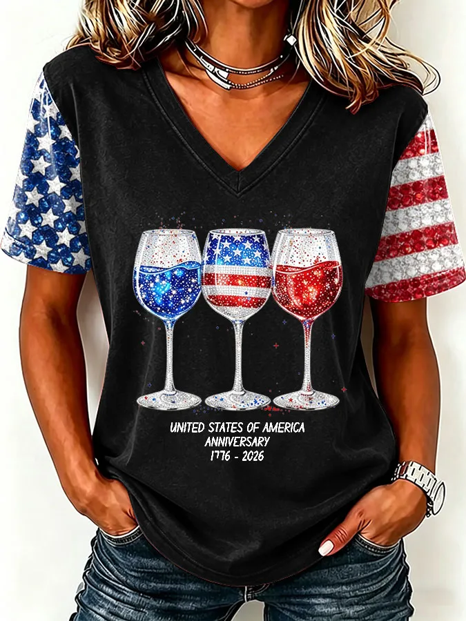 Women'S America Flag Floral Print Casual V-Neck T-Shirt