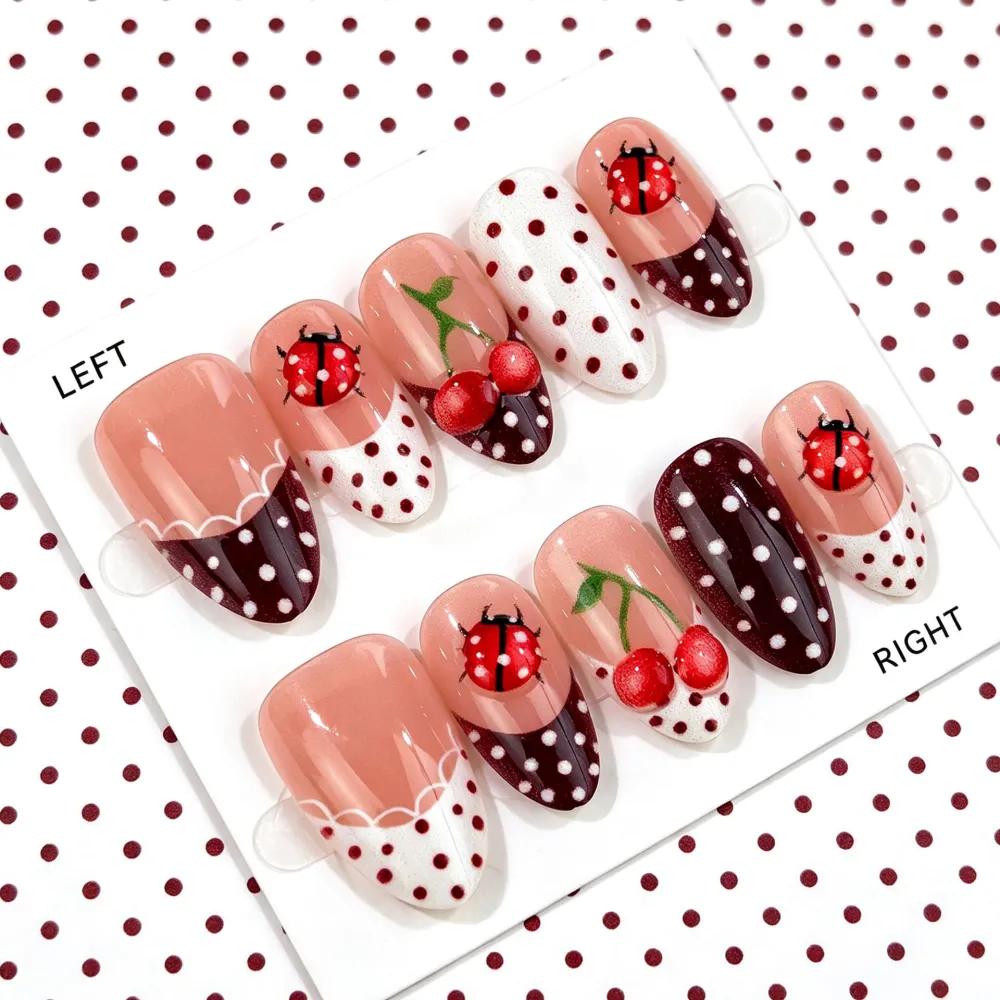 Nailhour 30Pcs Polka Dot 3D Medium Almond French Press On Nails