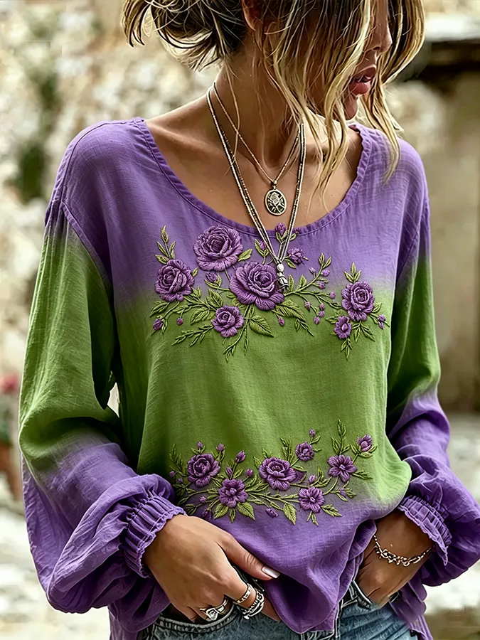 Women'S Printed Purple Artistic Round Neck Shirt
