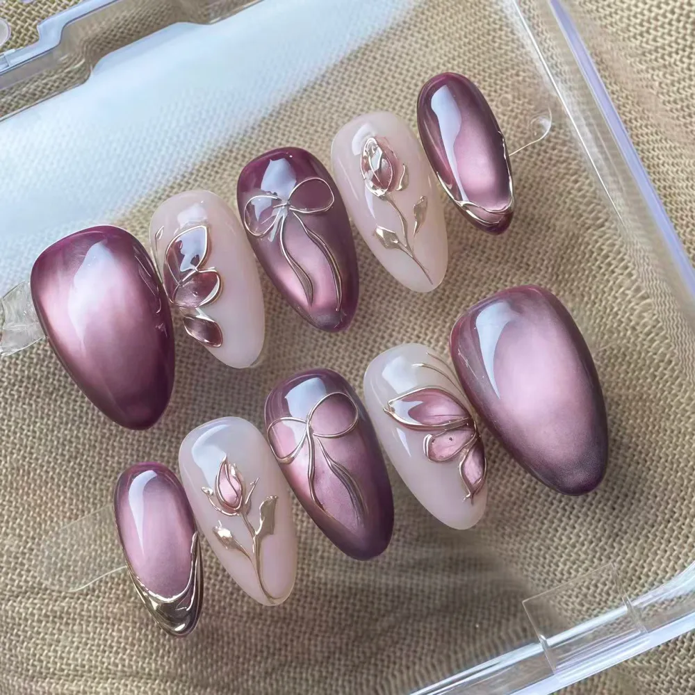 Nailhour 30Pcs Purple Cat Eye Floral  Medium Almond Press On Nails