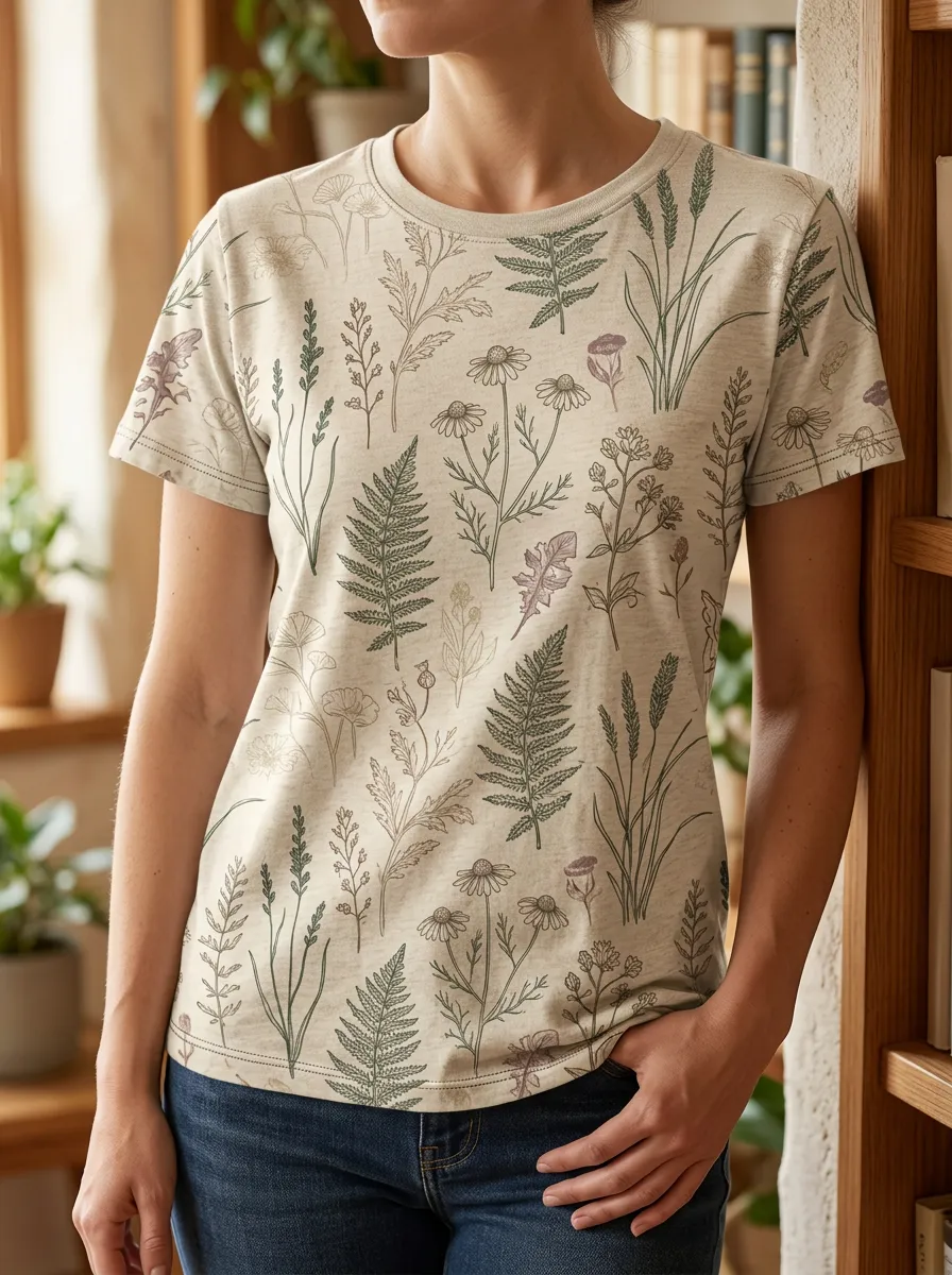 Women's Meadow Botanical Nature Lover Wildflower Fern Crew Neck T-Shirt