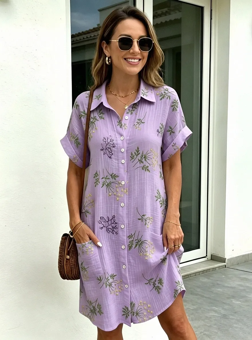 Women's Summer Vacation Wildflower Floral Printed Shirt Dress