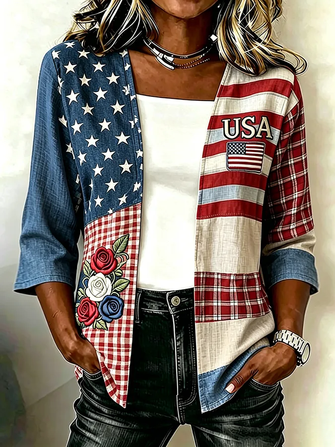 Women'S Casual Loose Independence Day Patriotic Cardigan