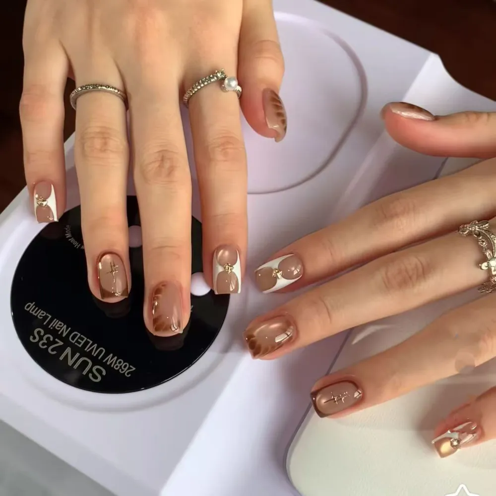 Nailhour 10Pcs French Cat Eye Gradient Gilded Medium Oval Press On Nails