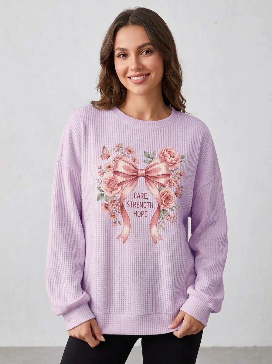 Women's Breast Cancer Awareness Pink Ribbon Floral Printed Waffle Sweatshirt