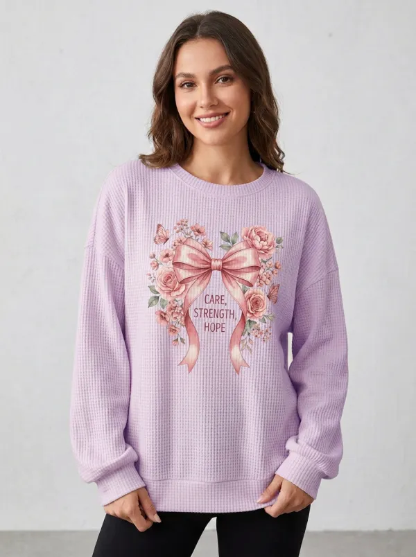 Women's Breast Cancer Awareness Pink Ribbon Floral Printed Waffle Sweatshirt