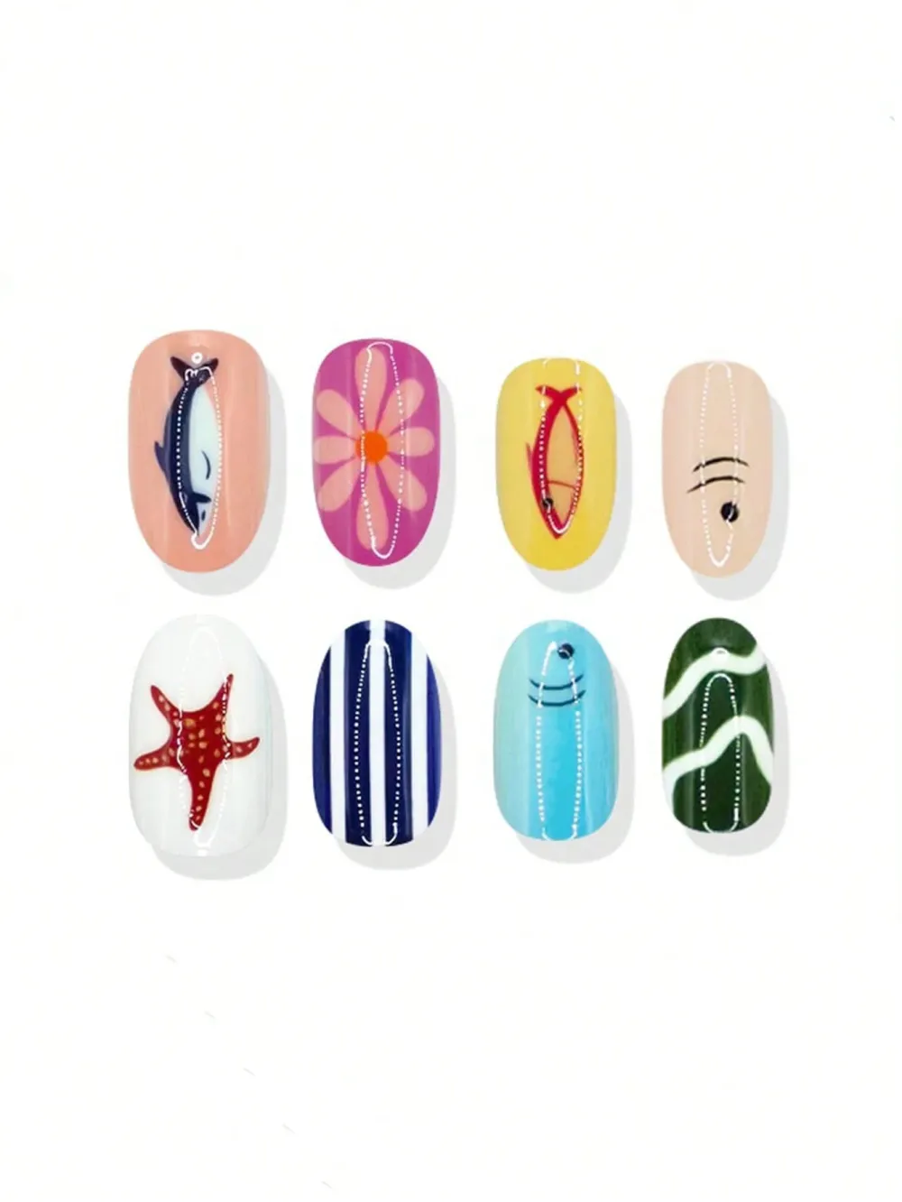 Nailhour 24pcs Oval Shark Stripe Flower Starfish Marine Press-On Short Nails