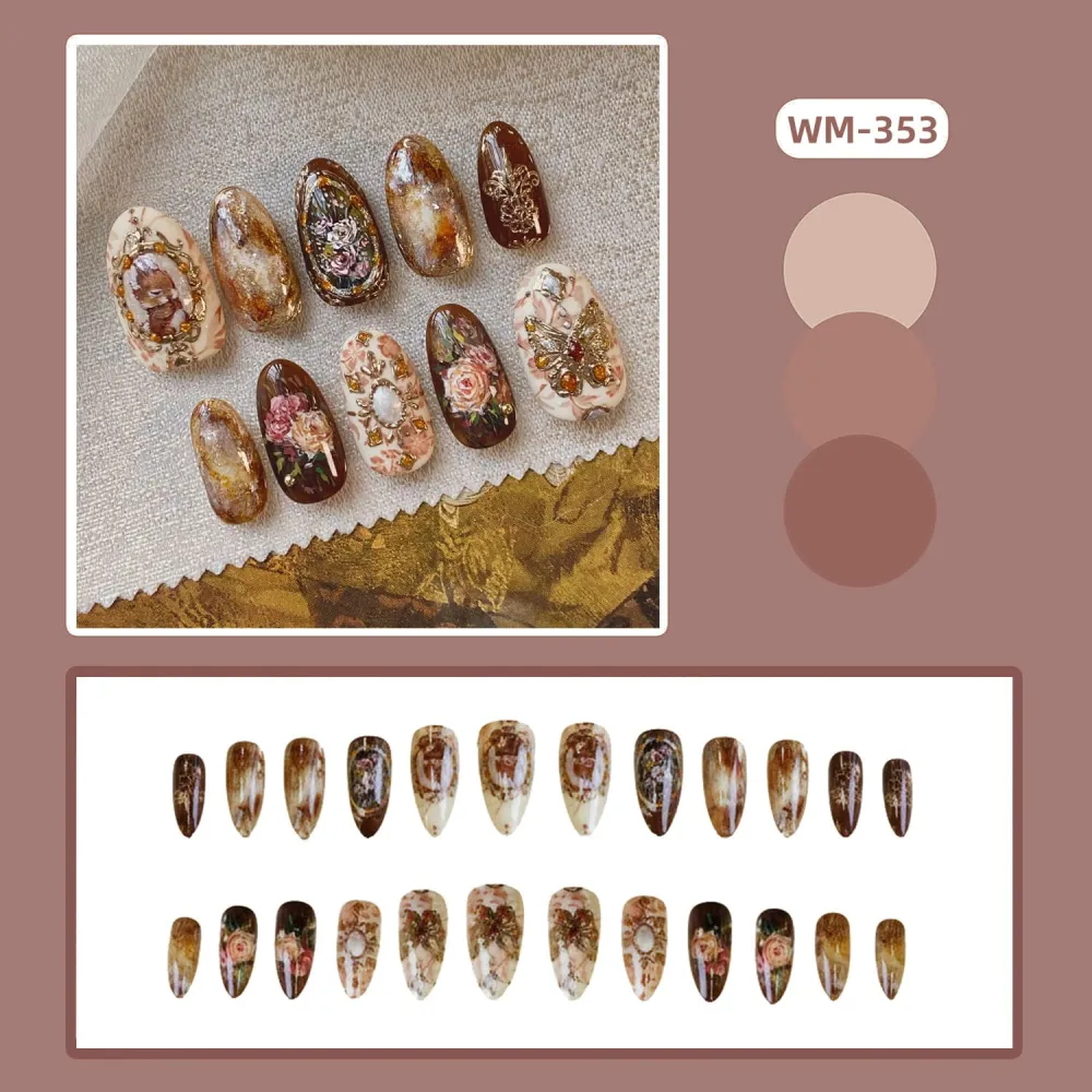 Nailhour 24Pcs Amber Rose Medium Almond French Press On Nails