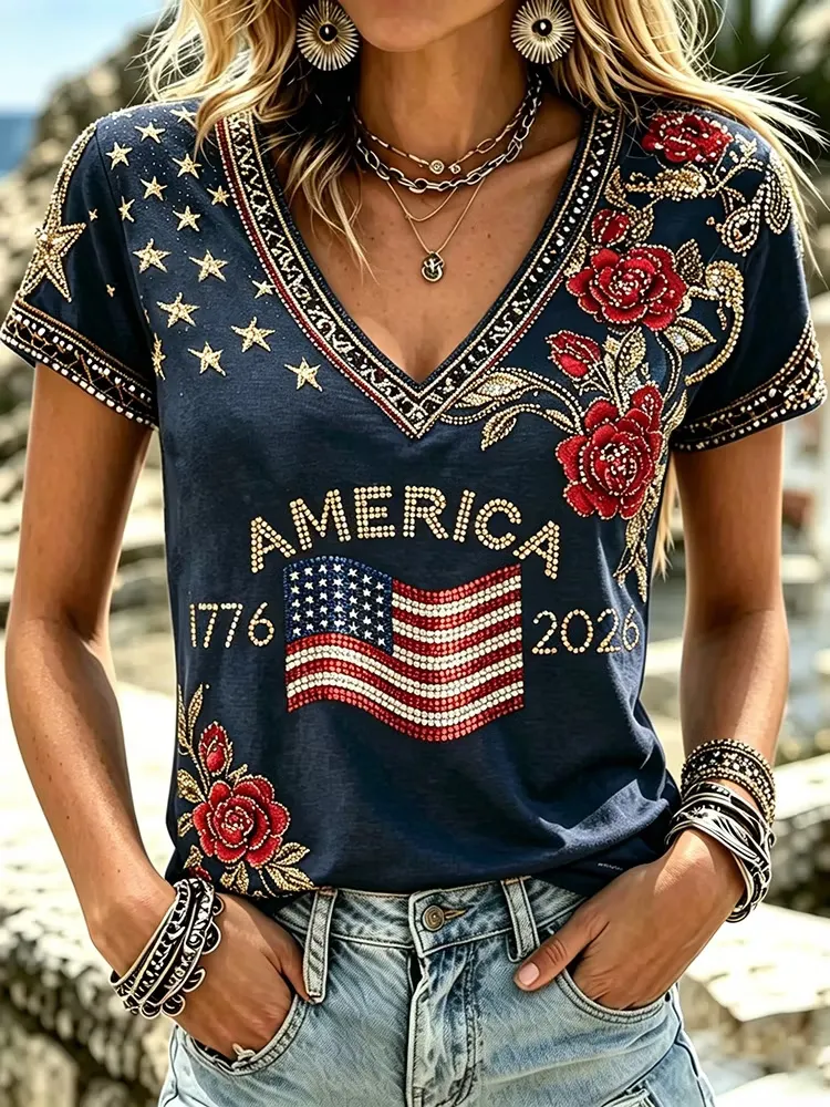 Ladies' Casual Floral Personalized Printed V-Neck T-Shirt For The 250Th Anniversary Celebration Of The Founding Of The United States