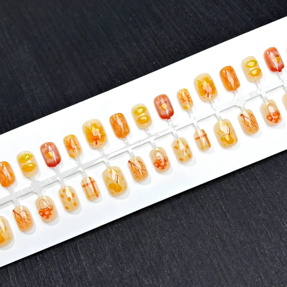Nailhour 30Pcs Floral 3D Autumn Medium Square French Press On Nails
