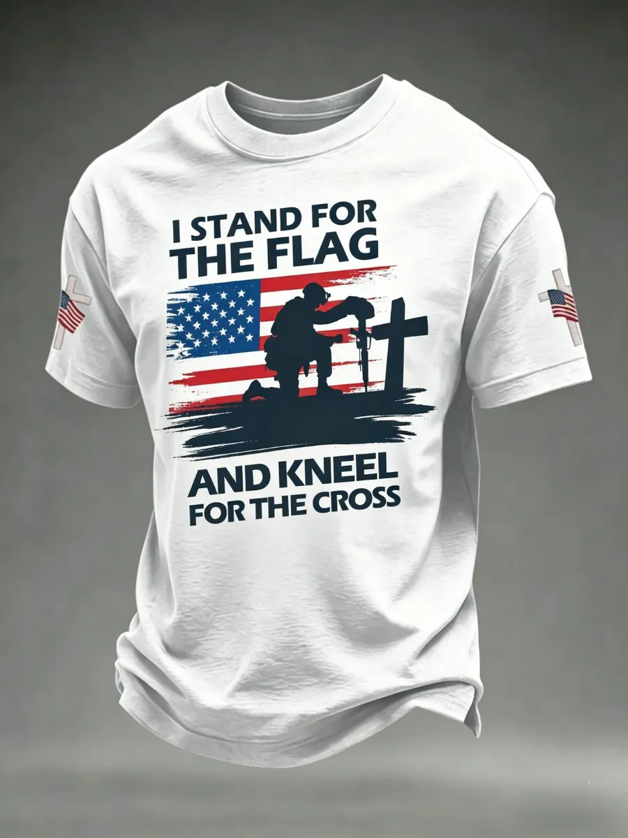 Men's America's 250th Anniversary Stand For The Flag Kneel For The Cross Faith Christian Cross Print T-Shirt