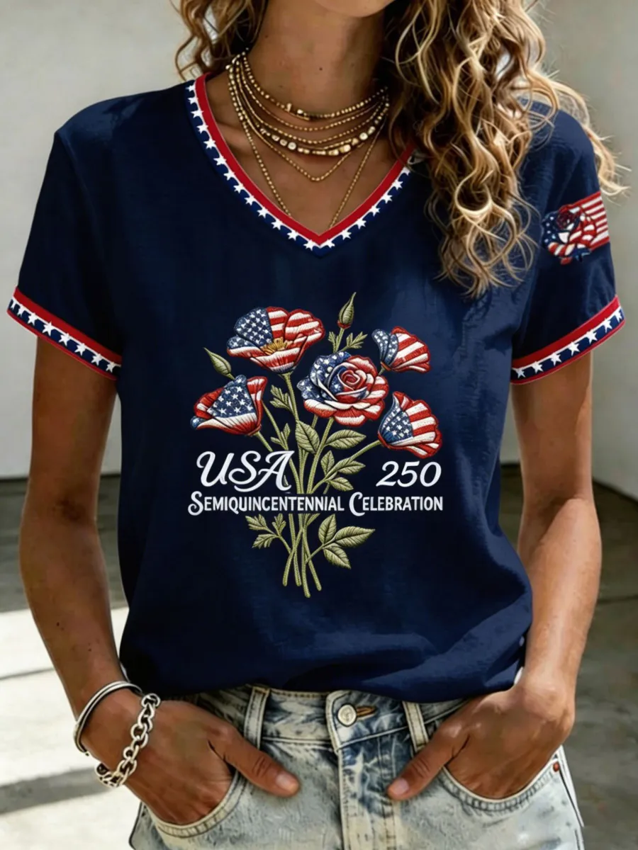 U.S. 250th Anniversary Rose Art Women's V-Neck T-Shirt
