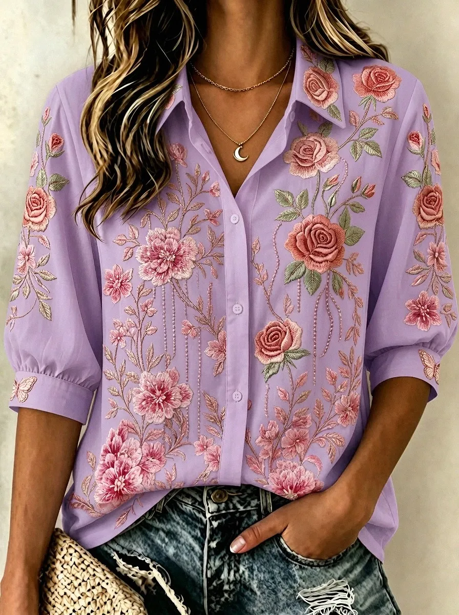 Women's Breast Cancer Awareness Pink Rose Floral Embroidered Printed Shirt