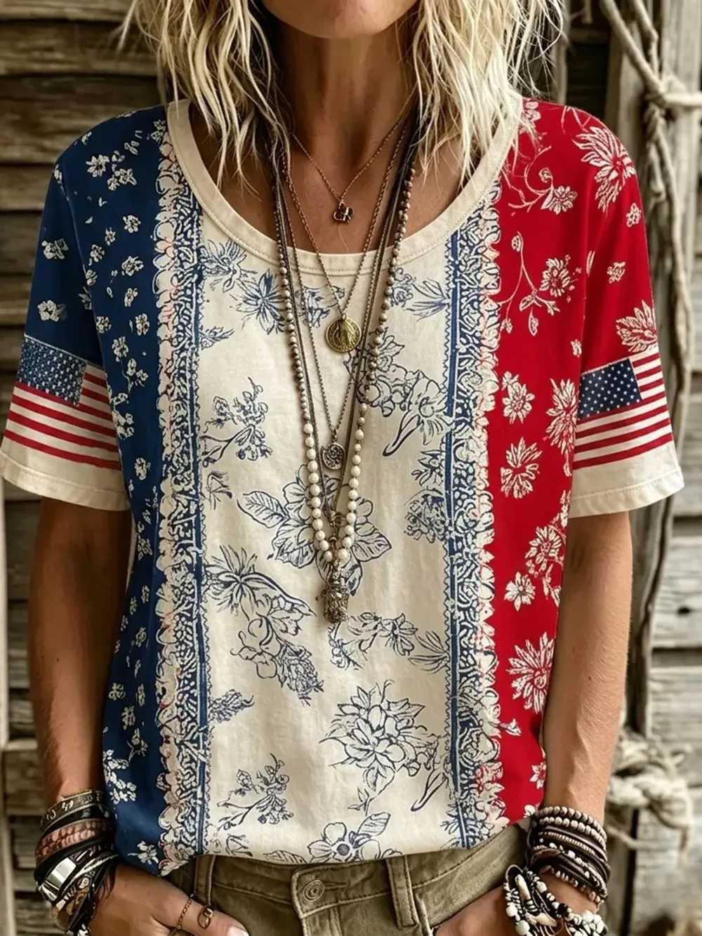 Women's Independence Day Flower Printed Casual T-shirt