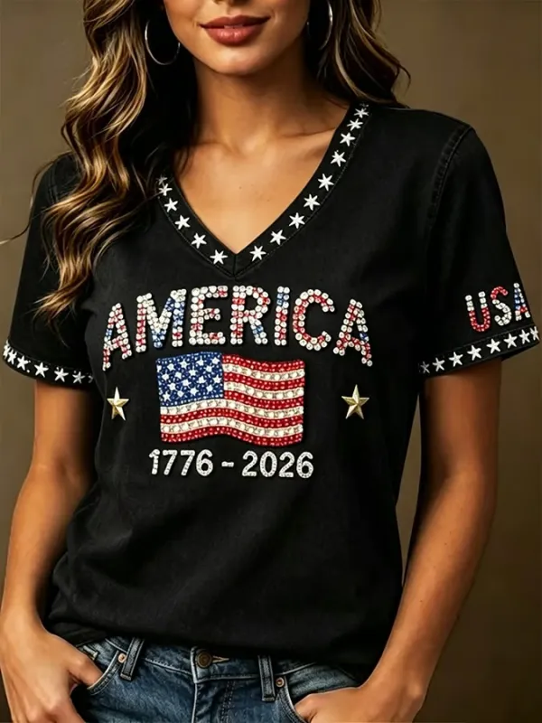 Women'S Casual Retro American Independence Day Patriotic Printed Short Sleeved T-Shirt