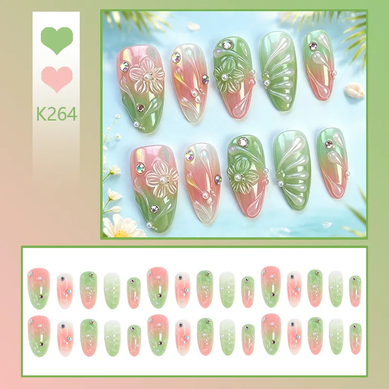 Nailhour Gradient 3D Green 30Pcs Floral Almond Press On Nails