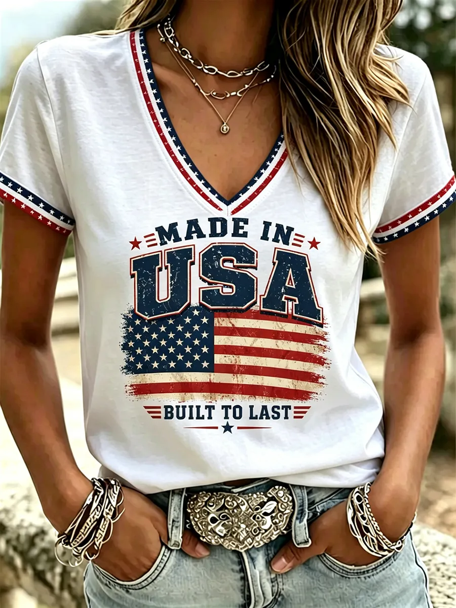 Women's Independence Day Printed V-neck T-shirt