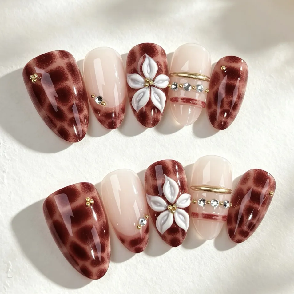 Nailhour 30Pcs Amber Camellia 3D Medium Almond Press On Nails