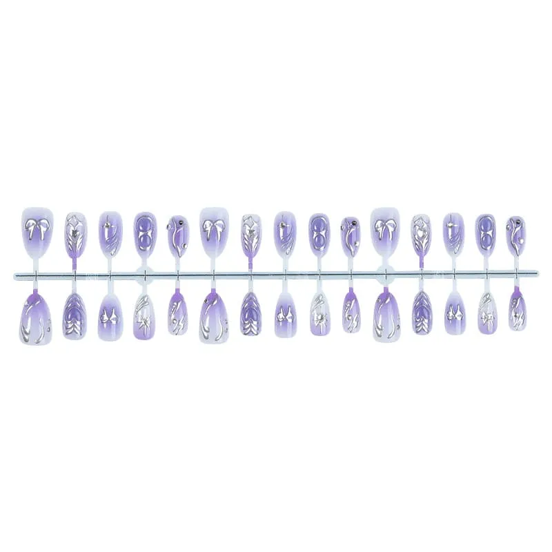 Nailhour 30Pcs Y2K Purple 3D Medium Almond French Press On Nails