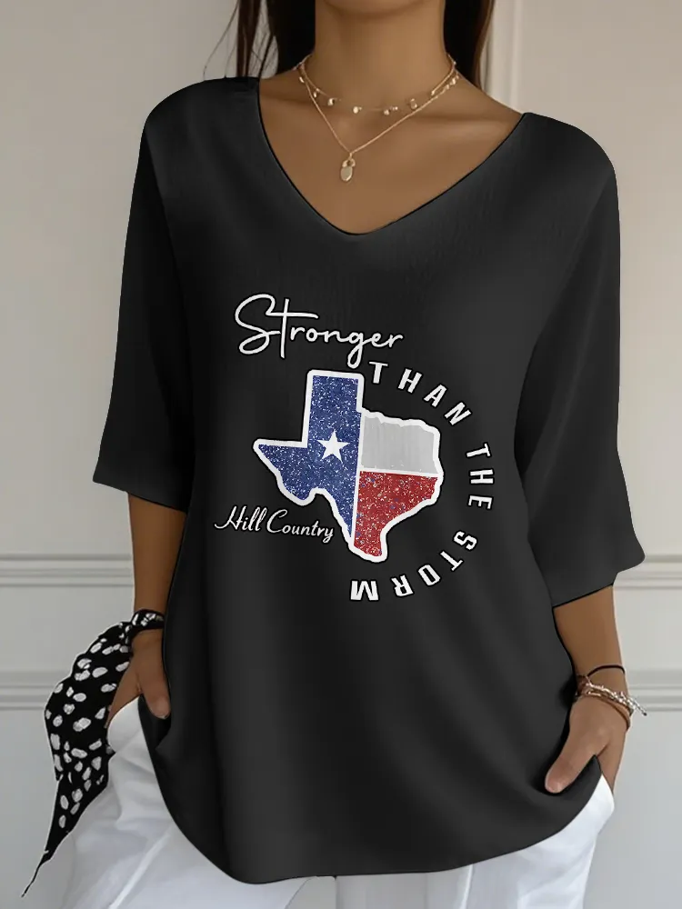 Ladies Casual Style STRONGER THAN THE STORM All-Match V-Neck Shirt