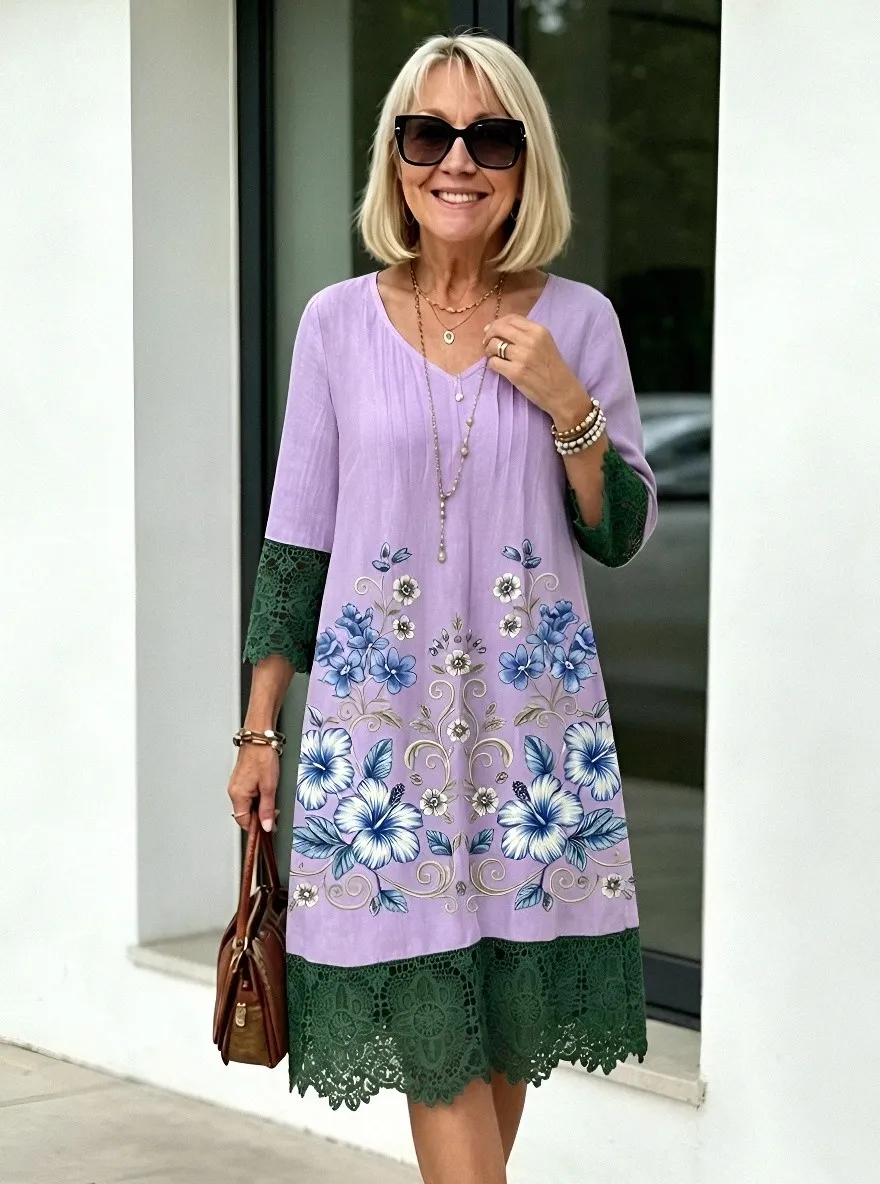 Women's Summer Vacation Blue Hibiscus Floral Lace Trim Printed Dress