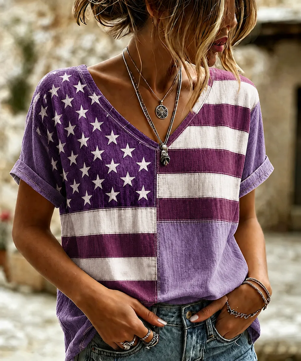 Women'S Retro Independence Day Printed Casual Short Sleeved T-Shirt