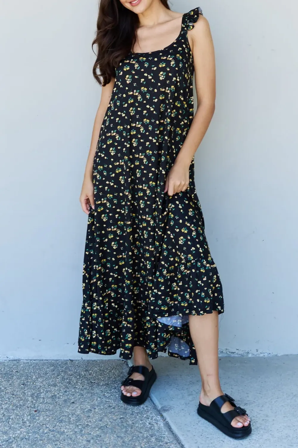 Elegant Black Temperament Floral Long Dress