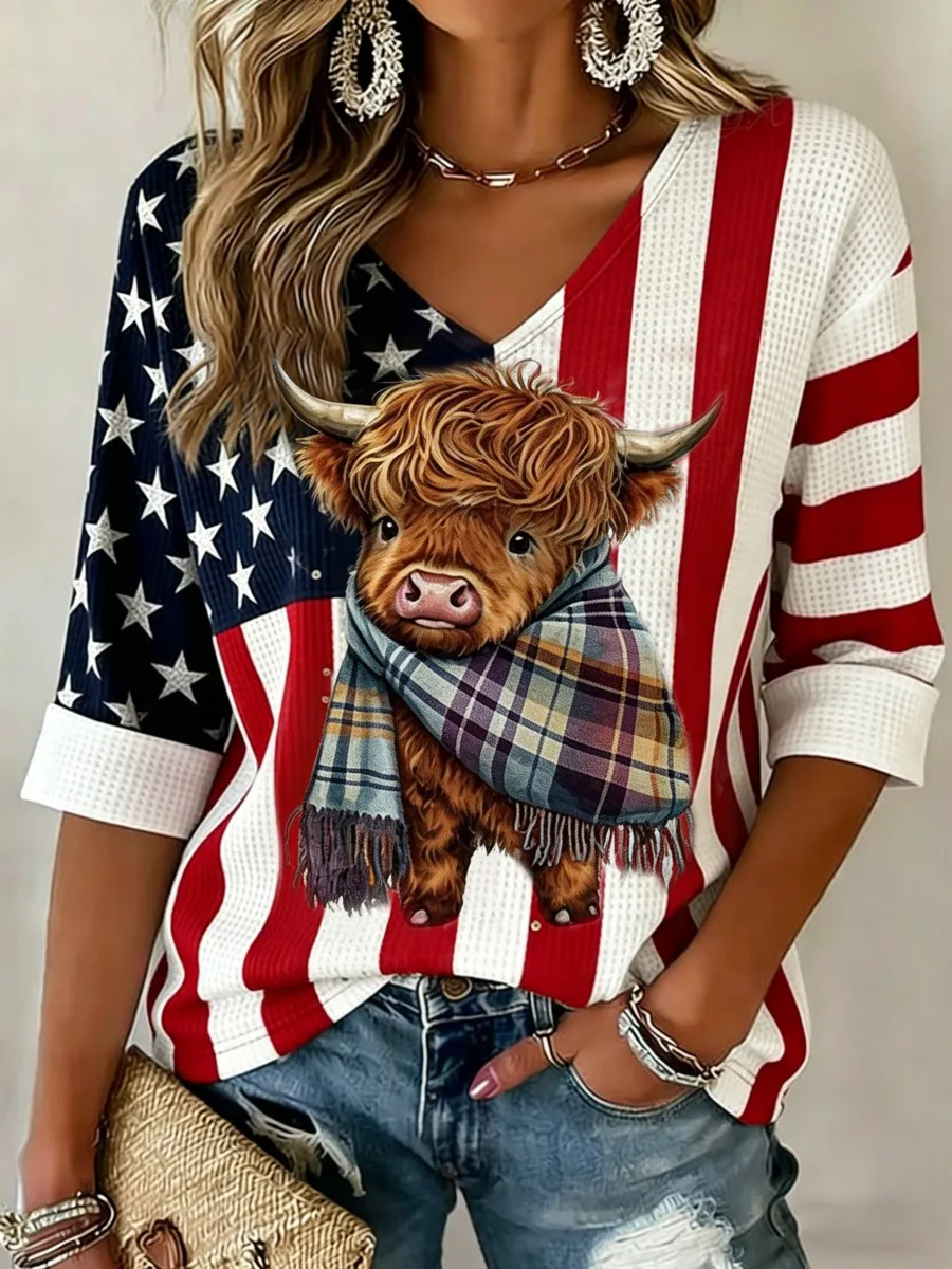 U.S. Independence Day Highland Cow Design Women's Long-Sleeve T-Shirt