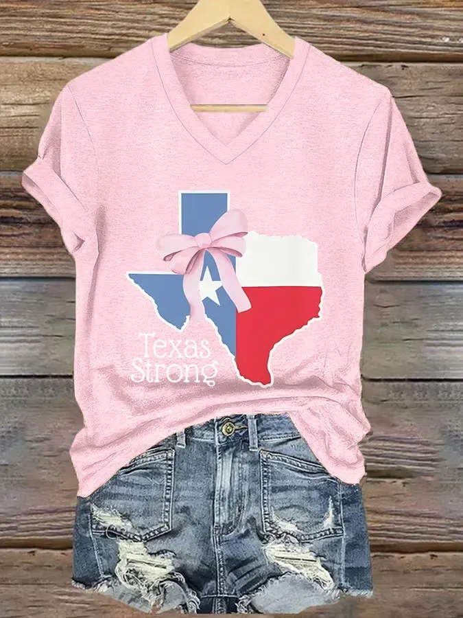 V Neck Retro Texas Strong Bow Print T-Shirt