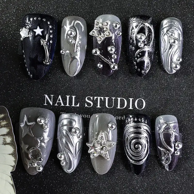 Nailhour 30Pcs Gothic Black Medium Almond 3D Press On Nails