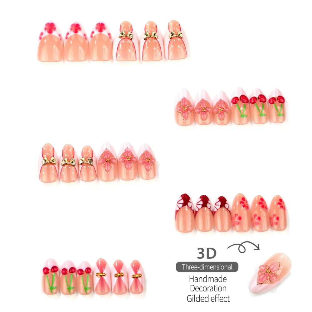 Nailhour 30Pcs Bow 3D Medium Almond French Cherry Press On Nails