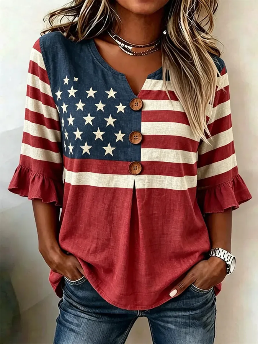 Women's Western Vintage Art Printed Cotton and Line Casual Top