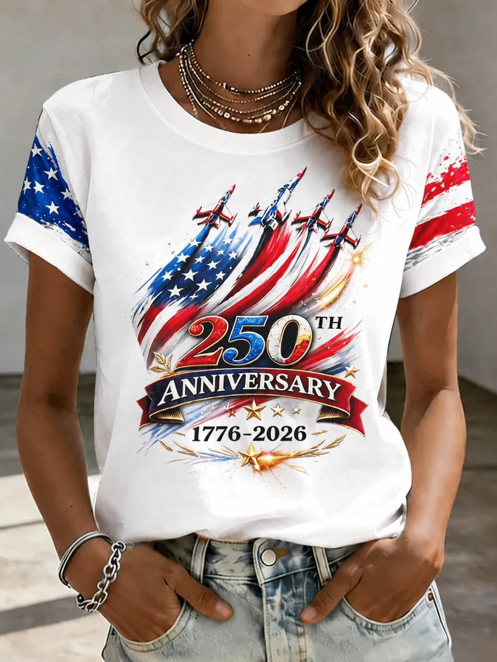 Women'S American Independence Day 250Th Anniversary Printed Short Sleeved T-Shirt