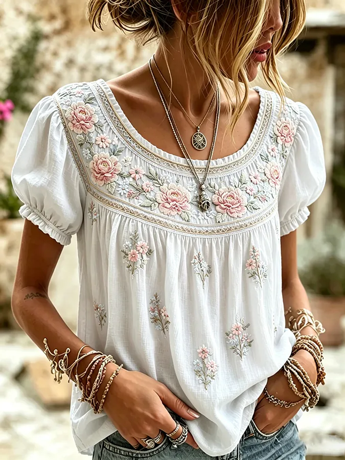 Women's Boho Floral Patchwork Embroidered Puff Sleeve Top