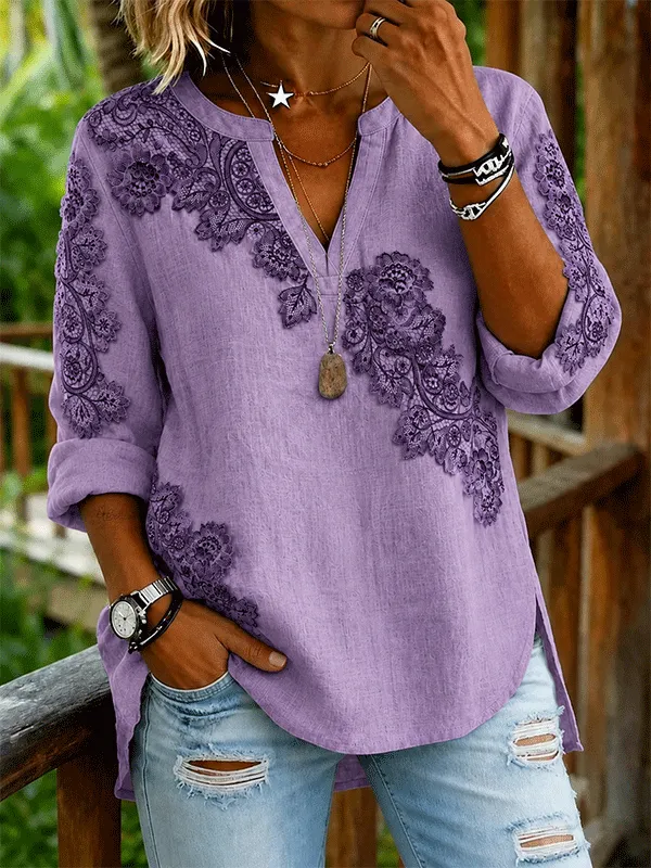 Women'S Lavender Lace Embroidered V-Neck Roll Sleeve Blouse